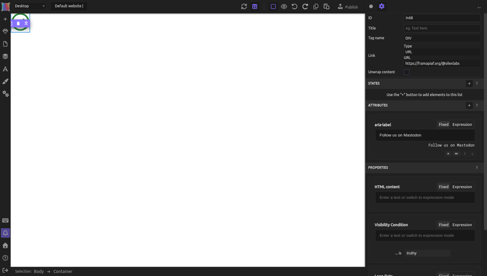 A link selected on the canvas, with the Element settings open on the right: the Attributes section shows an aria-label attribute with the fixed value Follow us on Mastodon