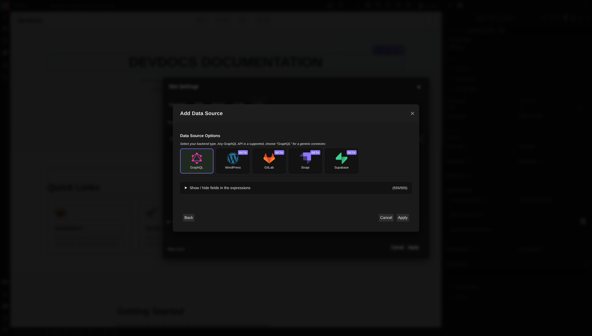 La boîte de dialogue Ajouter une source de données montrant les options de type de backend : GraphQL, WordPress, GitLab, Strapi et Supabase