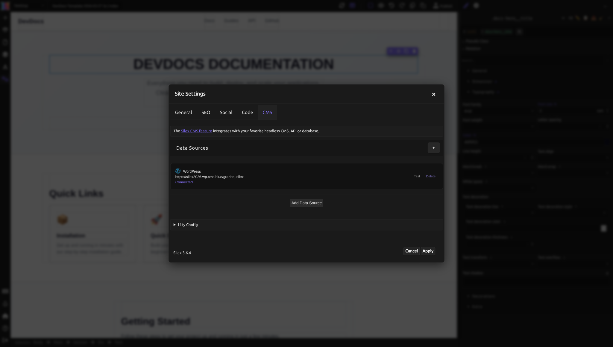 L'onglet des paramètres CMS montrant une source de données WordPress connectée avec son URL de point d'accès GraphQL et le statut "Connected"