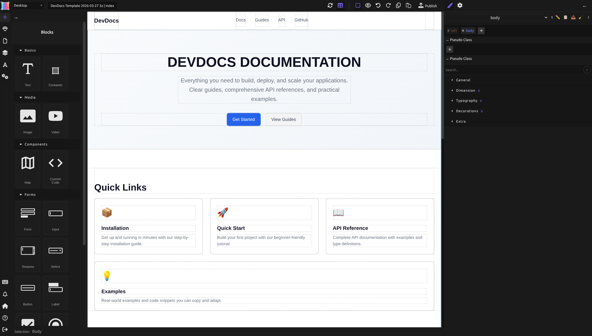 The Blocks panel listing all available element types organized by category