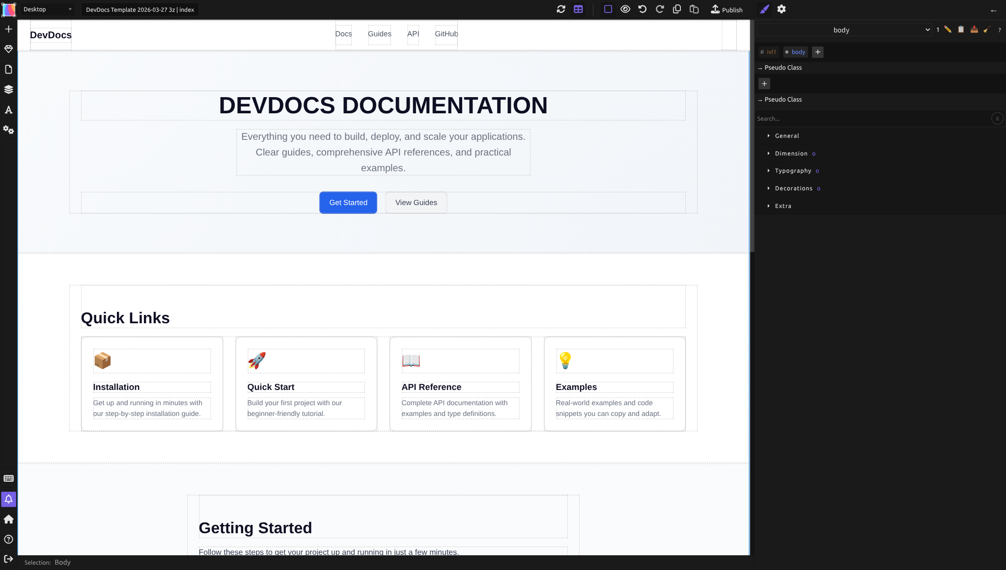 The Silex editor: canvas in the center, left sidebar with tools, right panel with style controls, top toolbar
