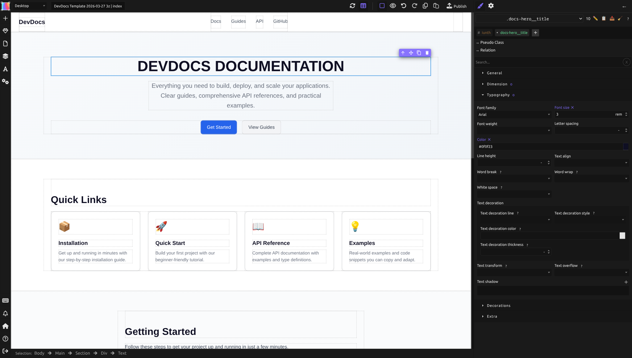 The Style Manager showing Typography properties for a selected heading: font family, size, weight, color, line height, and text decoration