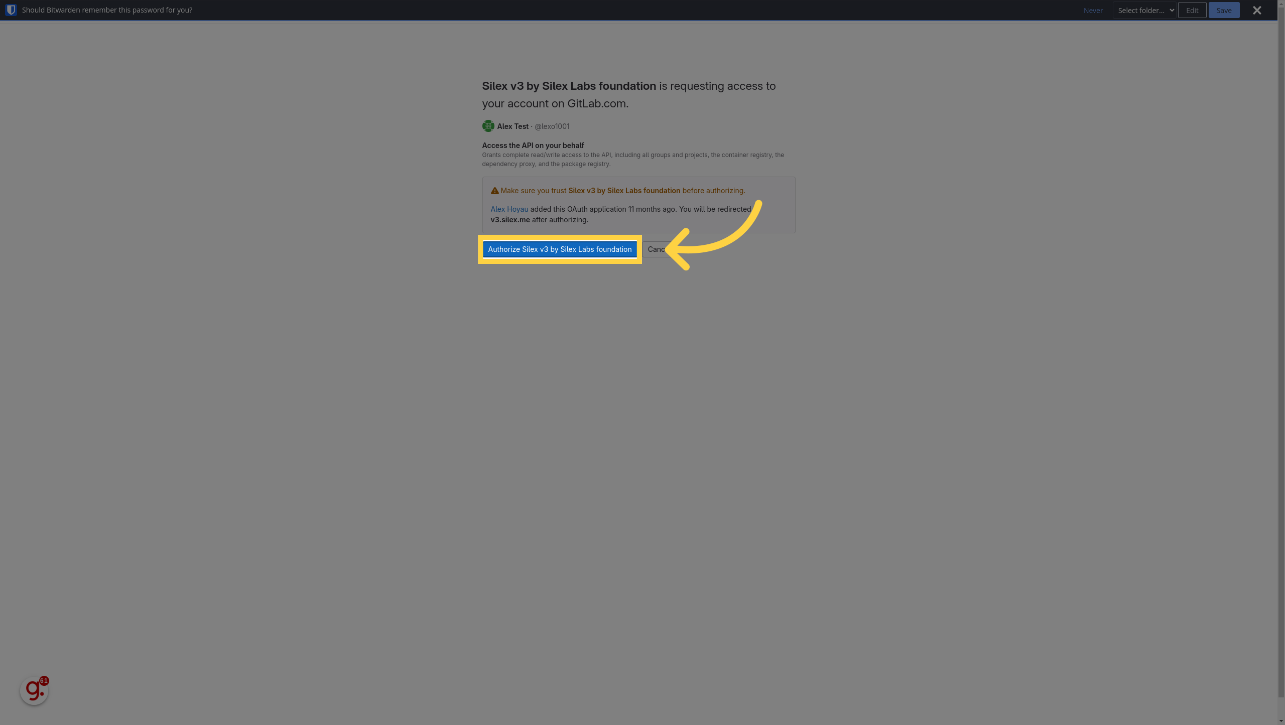The GitLab OAuth consent page with "Authorize Silex v3 by Silex Labs foundation" highlighted
