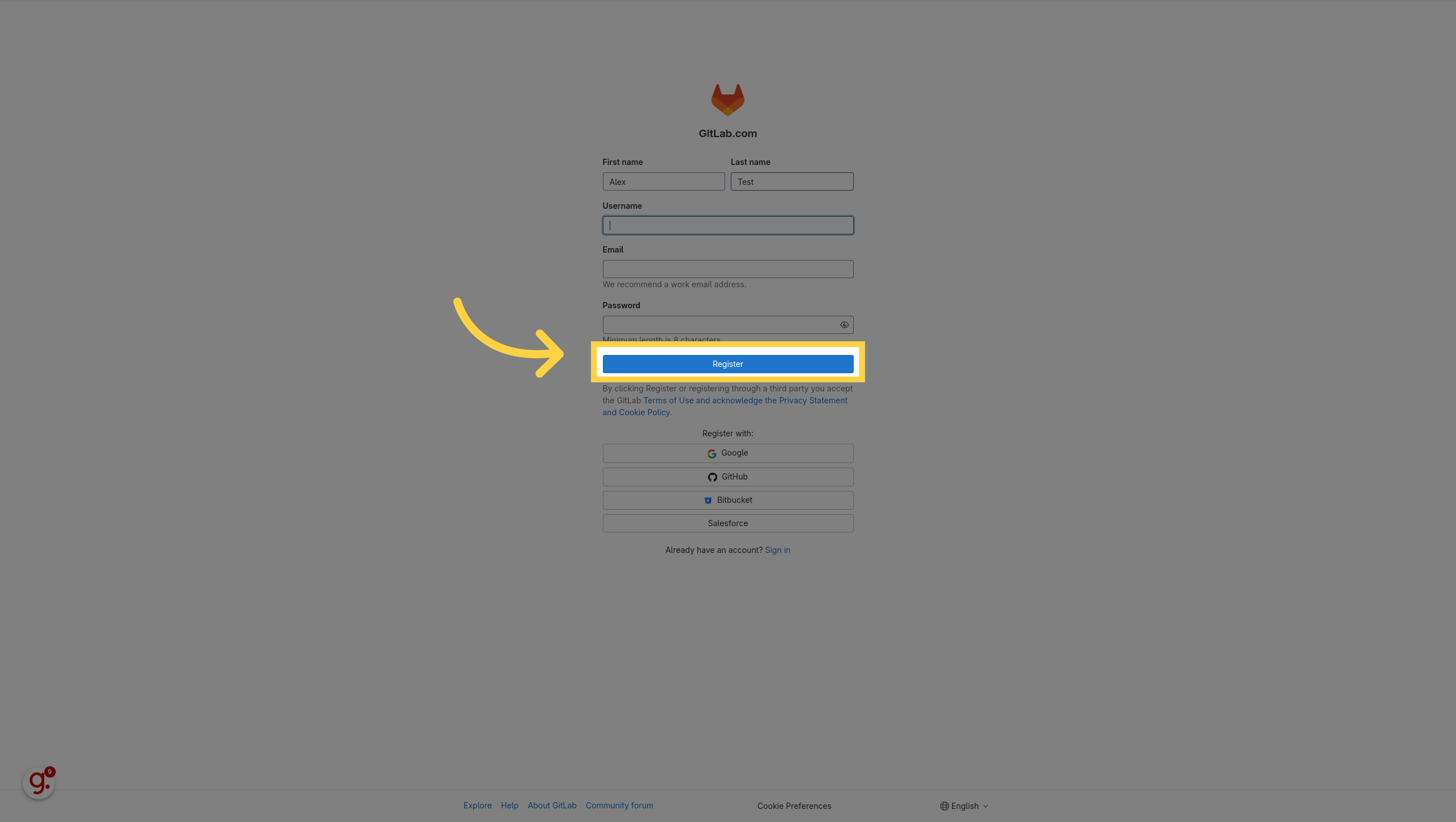 The GitLab.com registration form with first name, last name, username, email and password fields, and a highlighted Register button