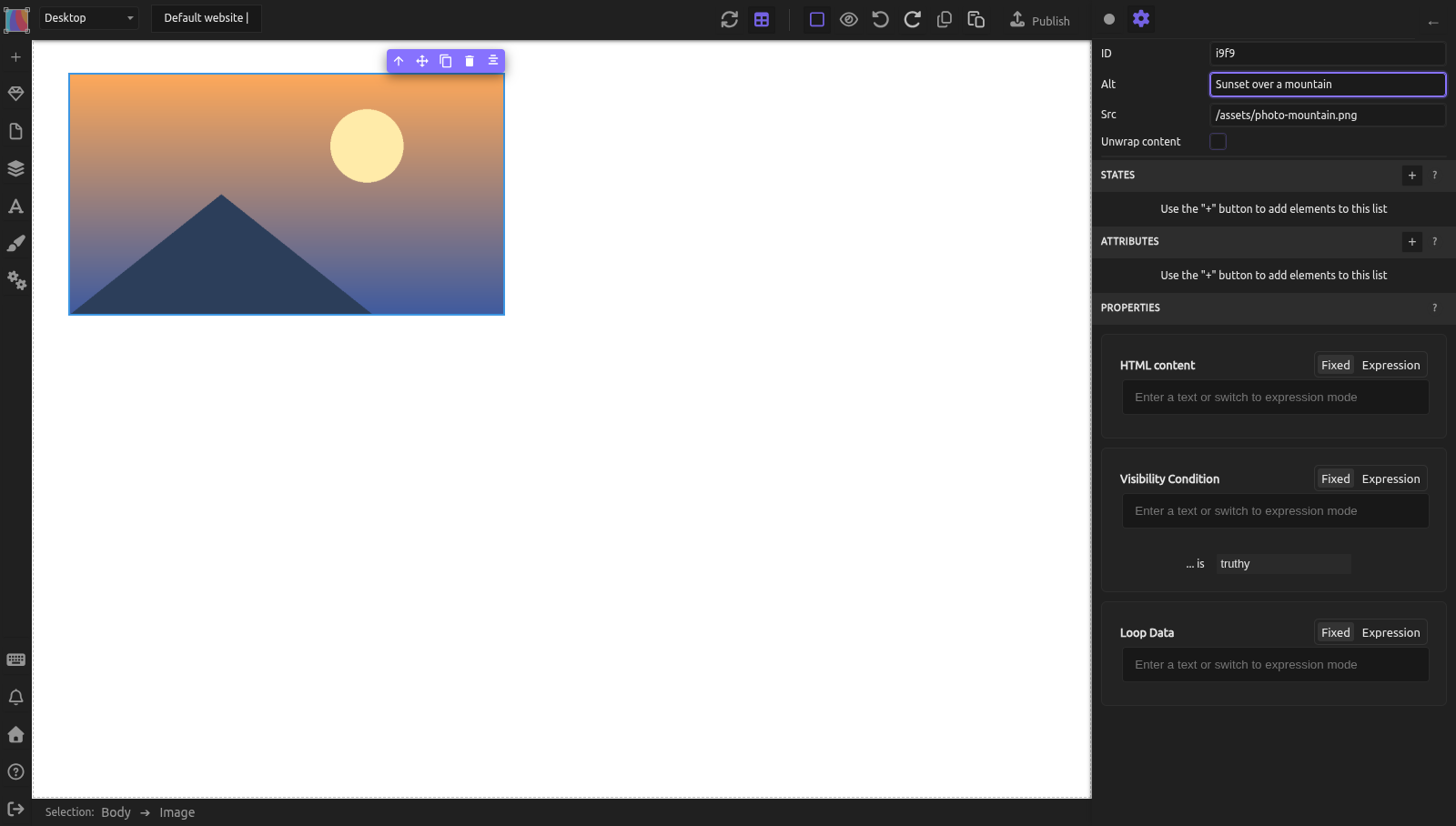 An image selected on the canvas, with the Element settings open on the right and the cursor in the Alt field, which reads Sunset over a mountain