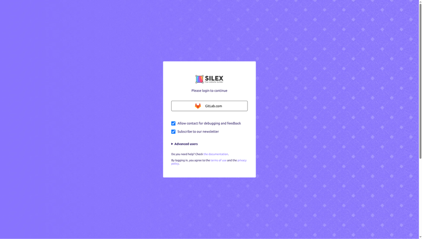 The Silex login screen with a GitLab.com button, consent checkboxes, and an Advanced users section for FTP