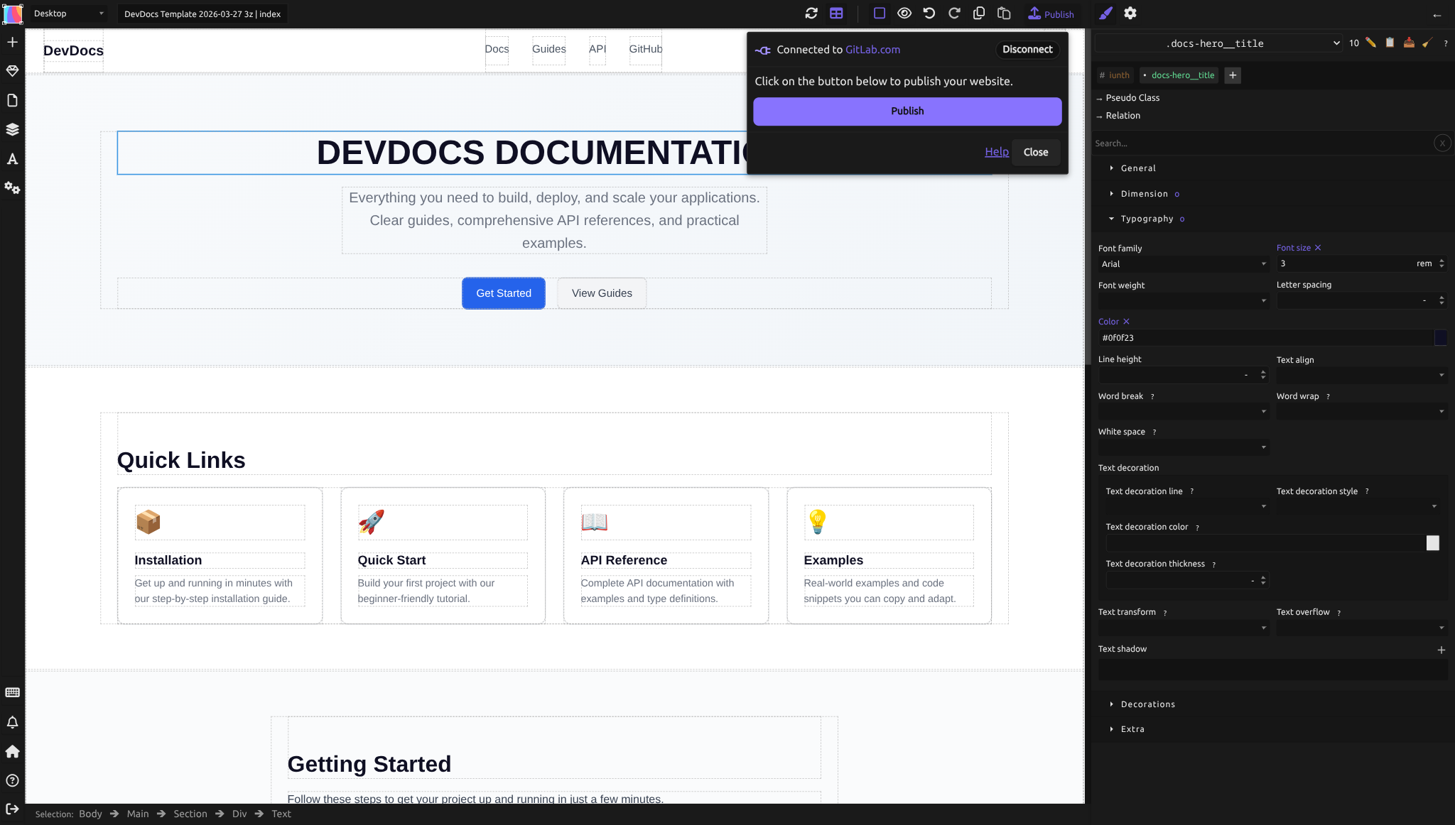 The Publish dialog showing "Connected to GitLab.com" with a Publish button, Disconnect option, and Help/Close links