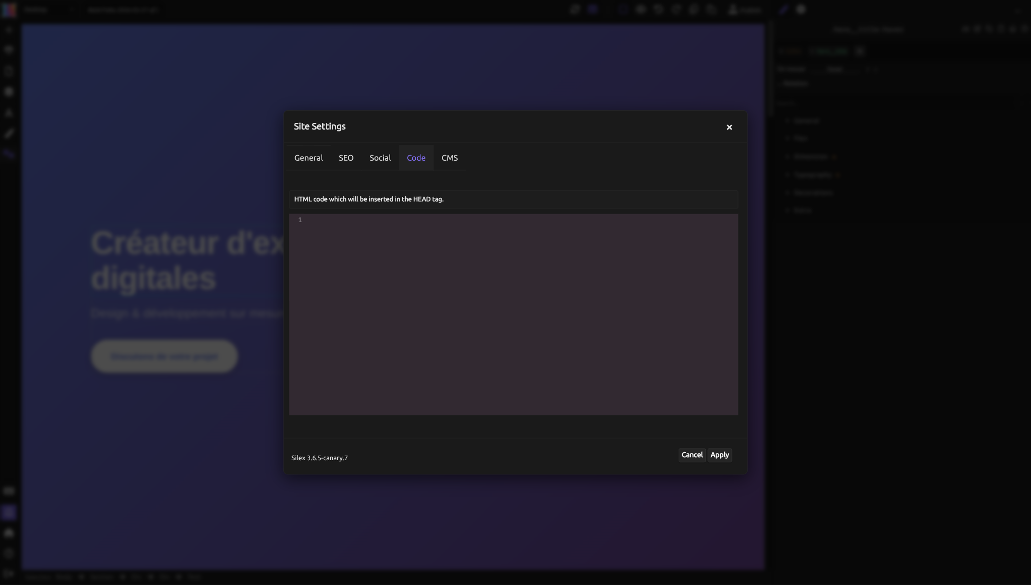 The Code settings tab with an HTML editor for inserting custom code in the HEAD tag