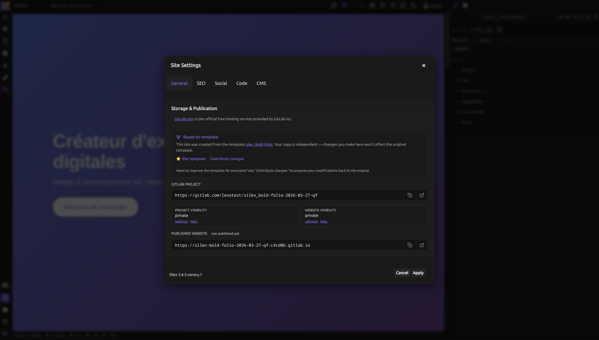 L'onglet Général des Paramètres du site montrant les infos de Stockage et Publication, l'URL du projet GitLab, la visibilité du projet et du site, et l'URL du site publié