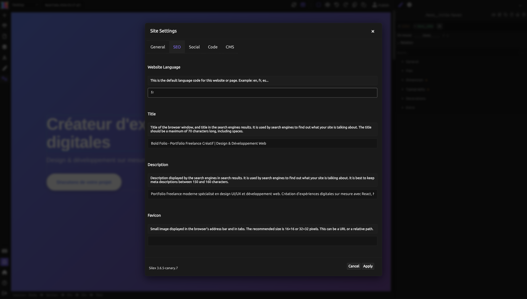 The SEO settings tab with Website Language, Title (70 chars max), Description (150-160 chars), and Favicon fields