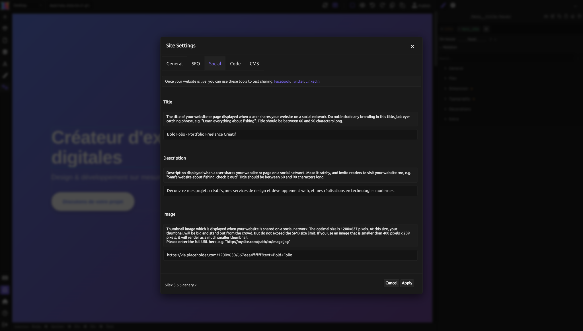 The Social settings tab with Title, Description, and Image fields for Open Graph, plus links to testing tools (Facebook, Twitter, LinkedIn)
