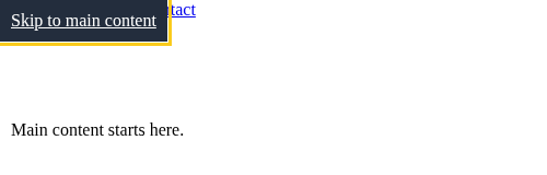 The published page right after pressing Tab: the Skip to main content link shows at the top left, white on dark blue with a yellow outline