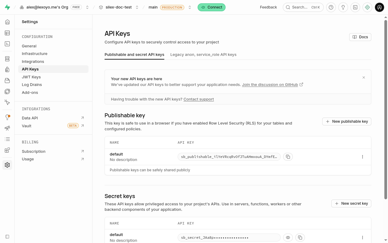 The API Keys page in Supabase, with the publishable key