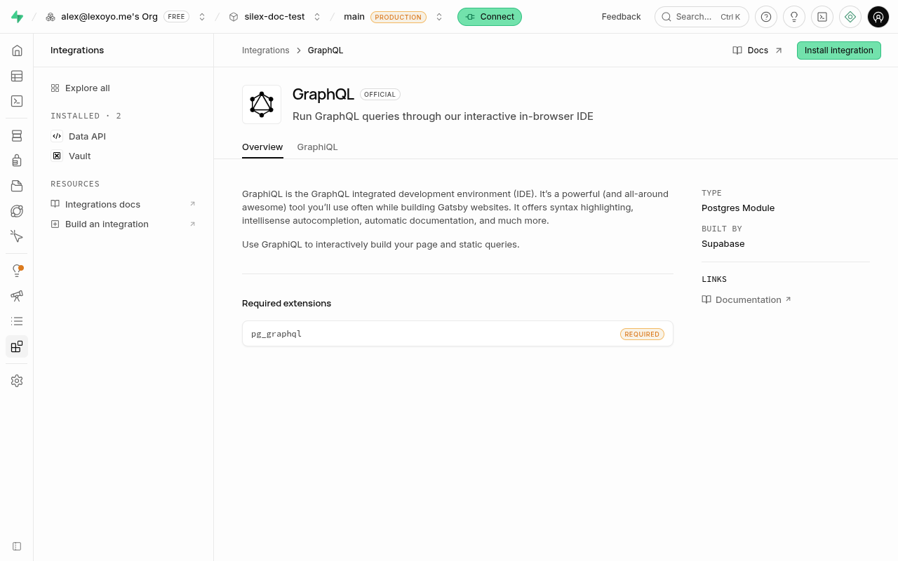 The GraphQL integration page in Supabase, with the Install integration button