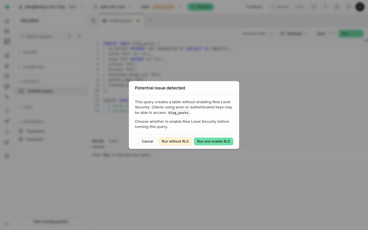 Supabase asks whether to enable Row Level Security before it creates the table