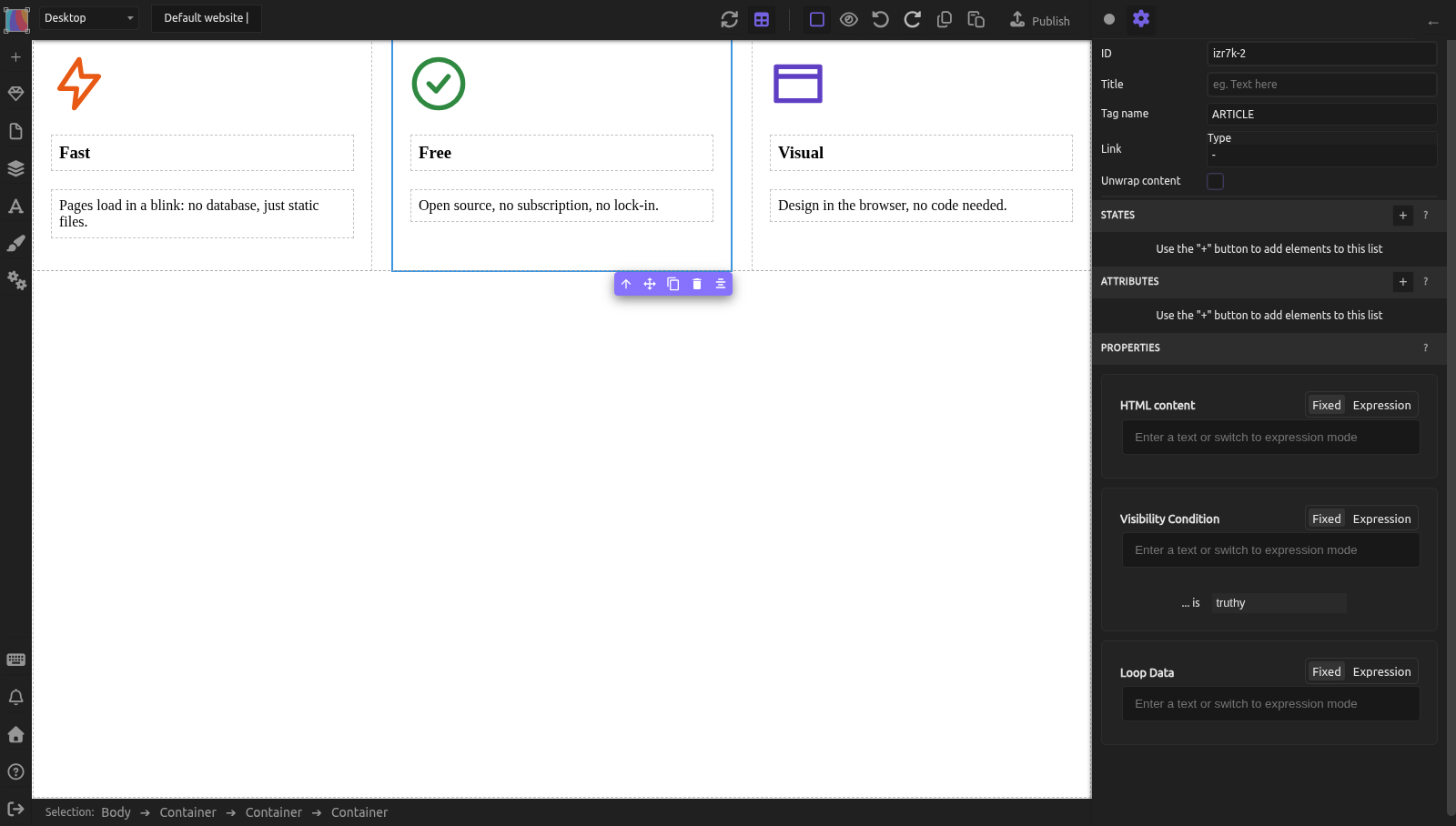 Three feature cards side by side in the editor, each with an icon, an h3 heading and a paragraph; the middle card is selected and the element settings on the right show its Tag name set to ARTICLE