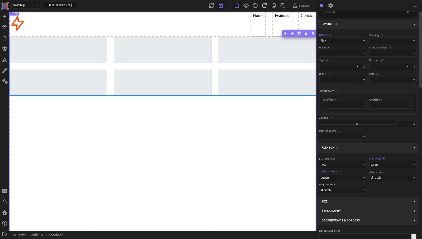 The navigation bar with the logo on the left and three links on the right, and below it six gray cards in two rows of three; the cards container is selected and the Style panel shows Display flex, Flex wrap wrap and Justify content center