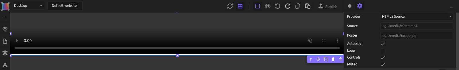 A Video block selected on the canvas, with the Element settings showing Provider HTML5 Source and the Autoplay, Controls and Muted boxes checked, Loop unchecked