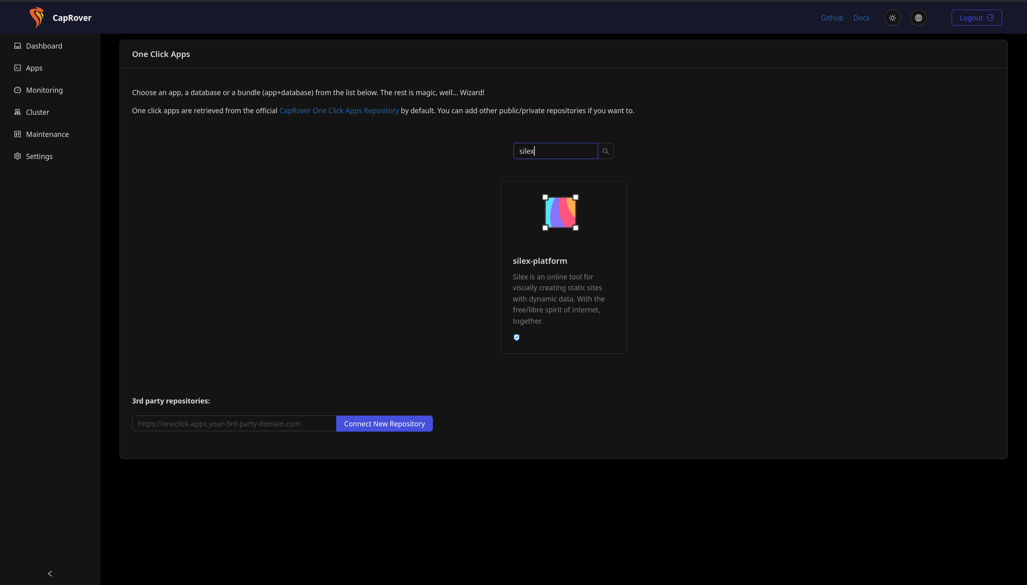 Le panneau One Click Apps de CapRover montrant silex-platform