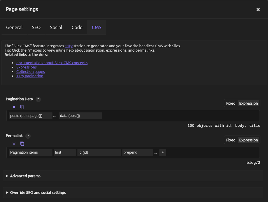L'onglet CMS des réglages de la page : Pagination Data réglé sur posts, puis data, avec 100 objets ; Permalink réglé sur Pagination items, first, id, prepend, ce qui donne blog/2