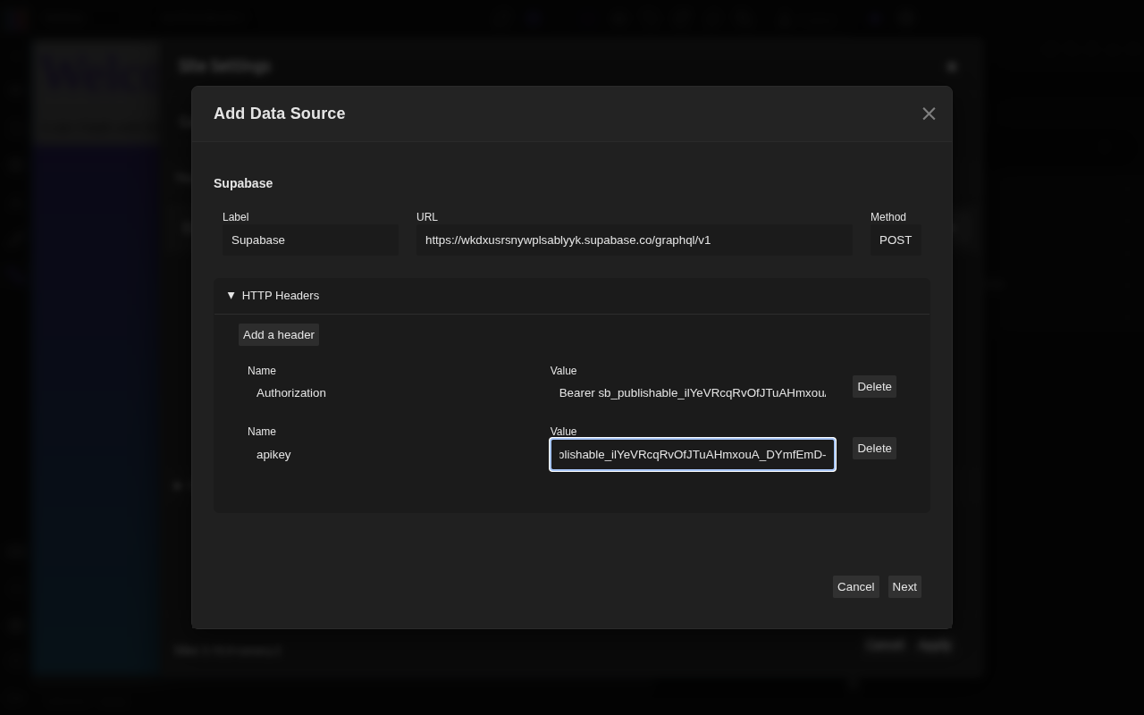 La boîte de dialogue Add Data Source remplie pour Supabase