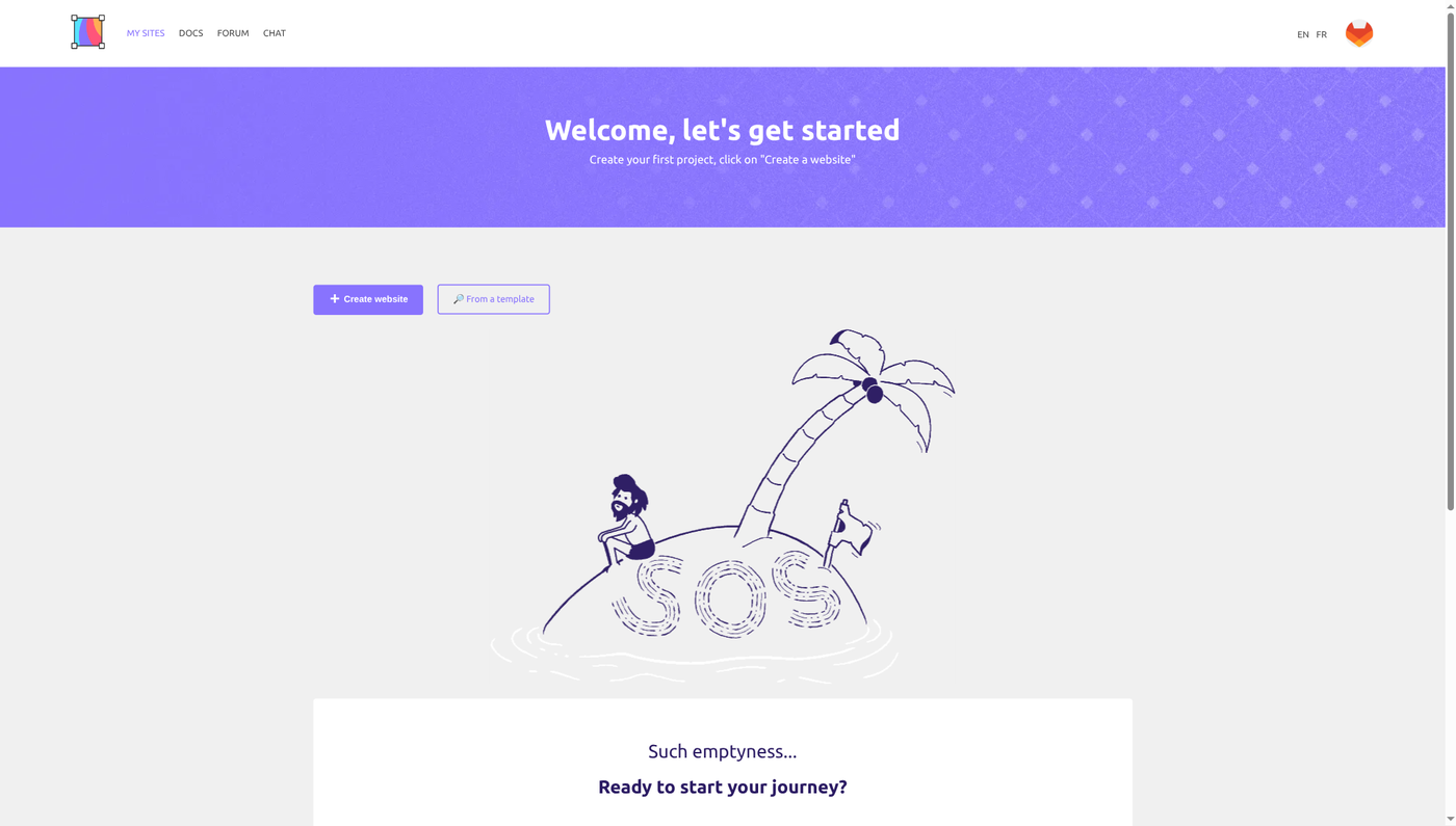 Le tableau de bord Silex pour un nouveau compte : un message de bienvenue, les boutons Create website et From a template, et une liste de sites vide