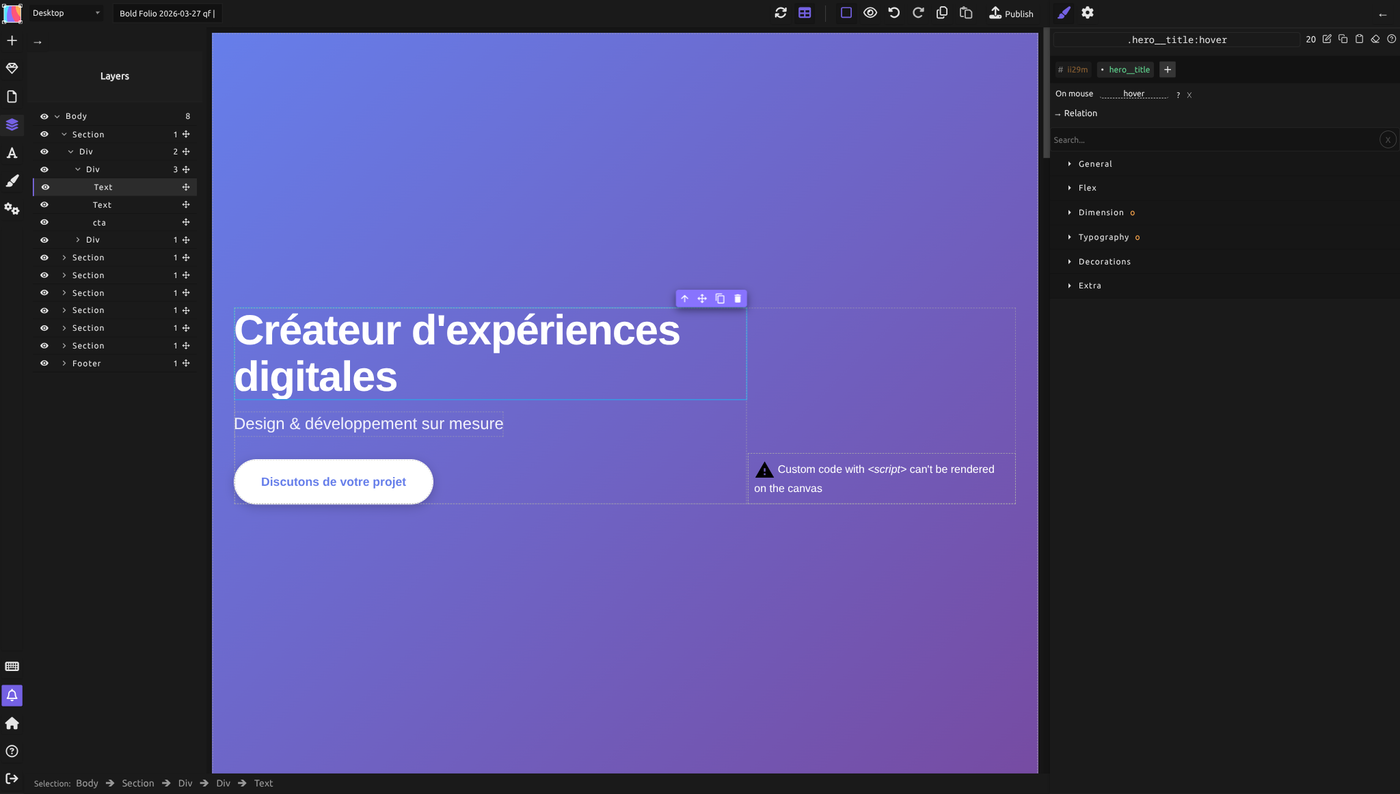 Le panneau Calques montrant la hiérarchie des éléments : Body > Section > Div > Text, avec des boutons de visibilité et le nombre d'enfants