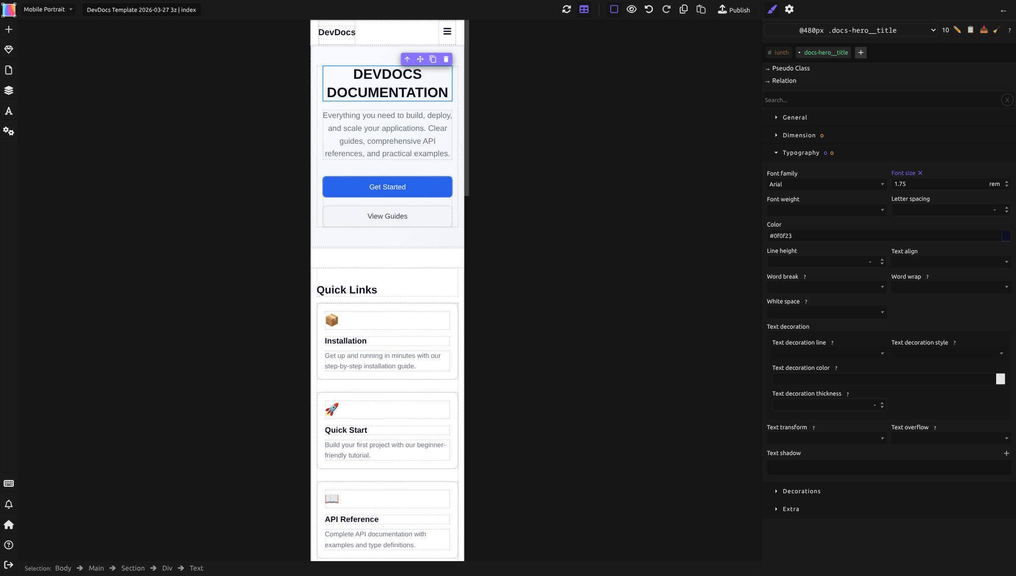 Prévisualisation Mobile Portrait montrant la mise en page responsive avec des cartes empilées et une navigation hamburger