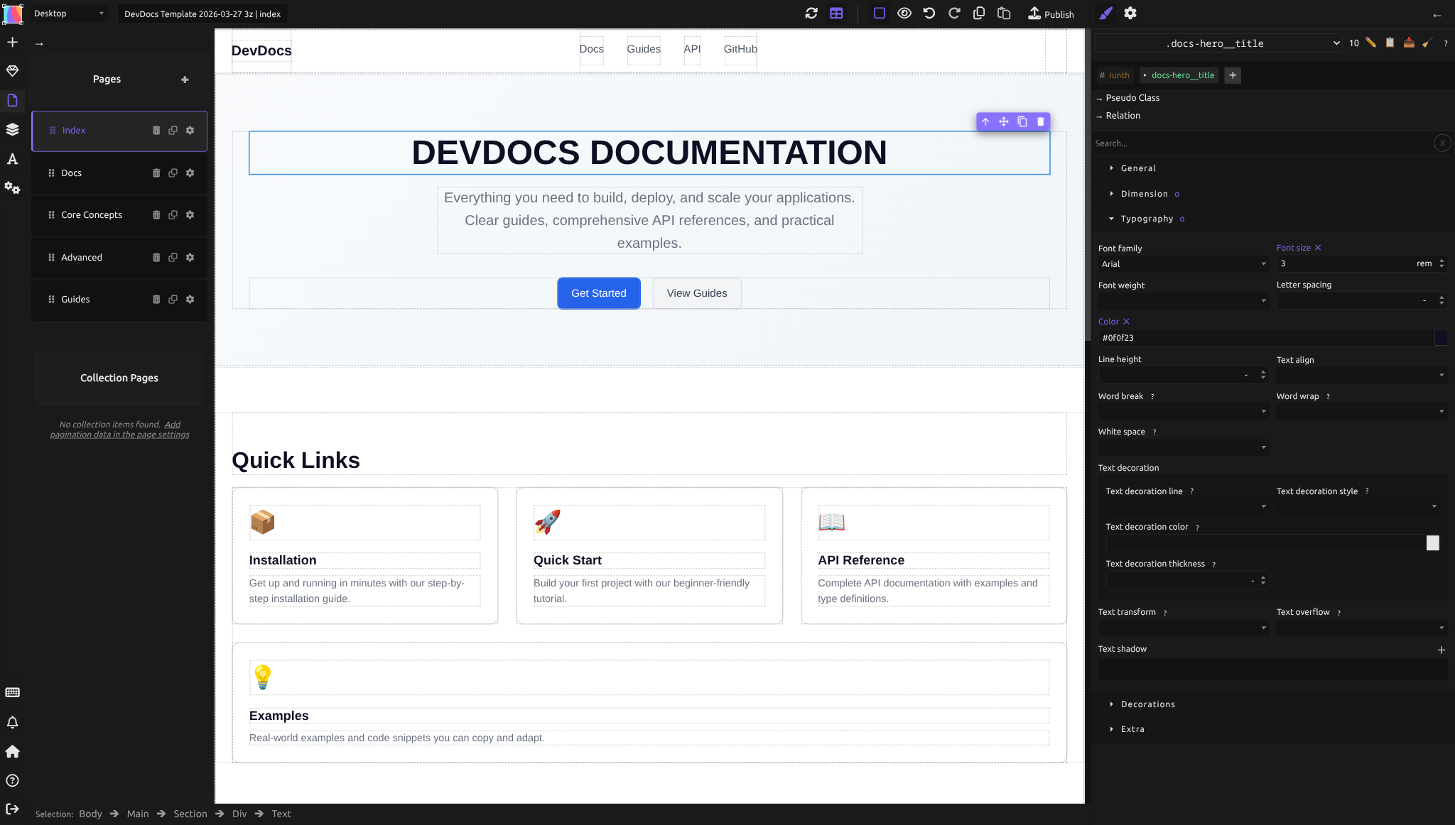 Le panneau Pages listant cinq pages (Index, Docs, Core Concepts, Advanced, Guides) avec des boutons supprimer, cloner et paramètres, plus une section Pages de collection en dessous