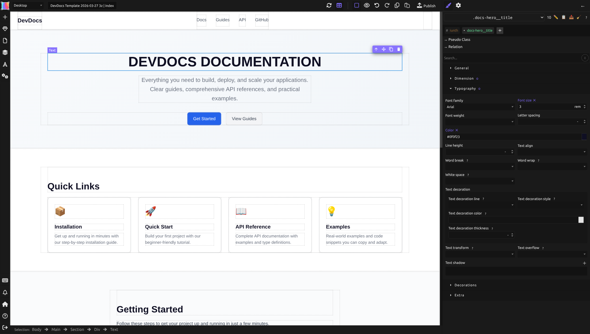 Un élément titre sélectionné affichant son nom de classe BEM (.docs-hero__title) dans le Style Manager, avec le chemin de navigation Body → Main → Section → Div → Text en bas