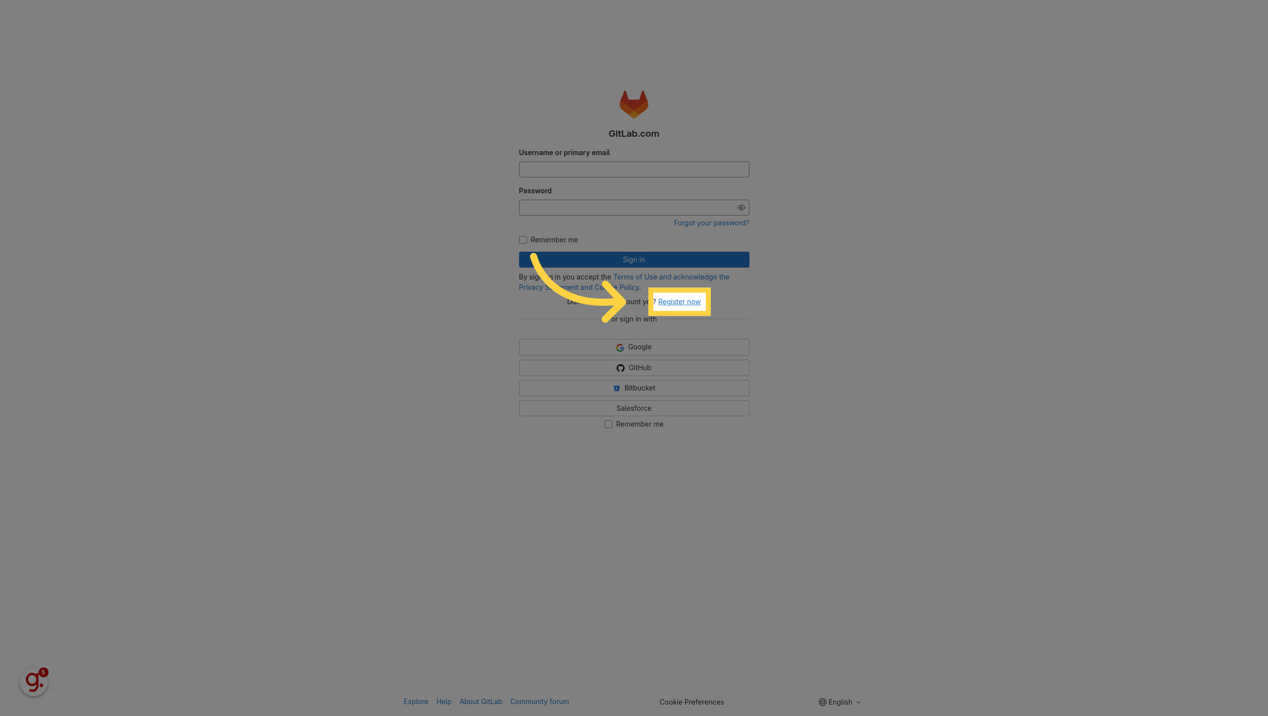 La page de connexion GitLab.com avec le lien Register now mis en évidence
