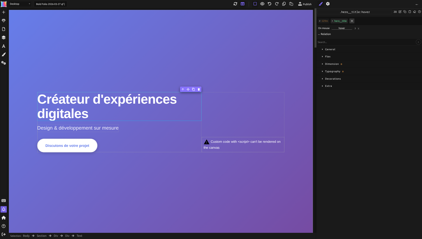 Le sélecteur montrant .hero__title:hover avec une liste déroulante de pseudo-classes disponibles (hover, active, focus, nth-child, etc.) et un lien vers la documentation MDN