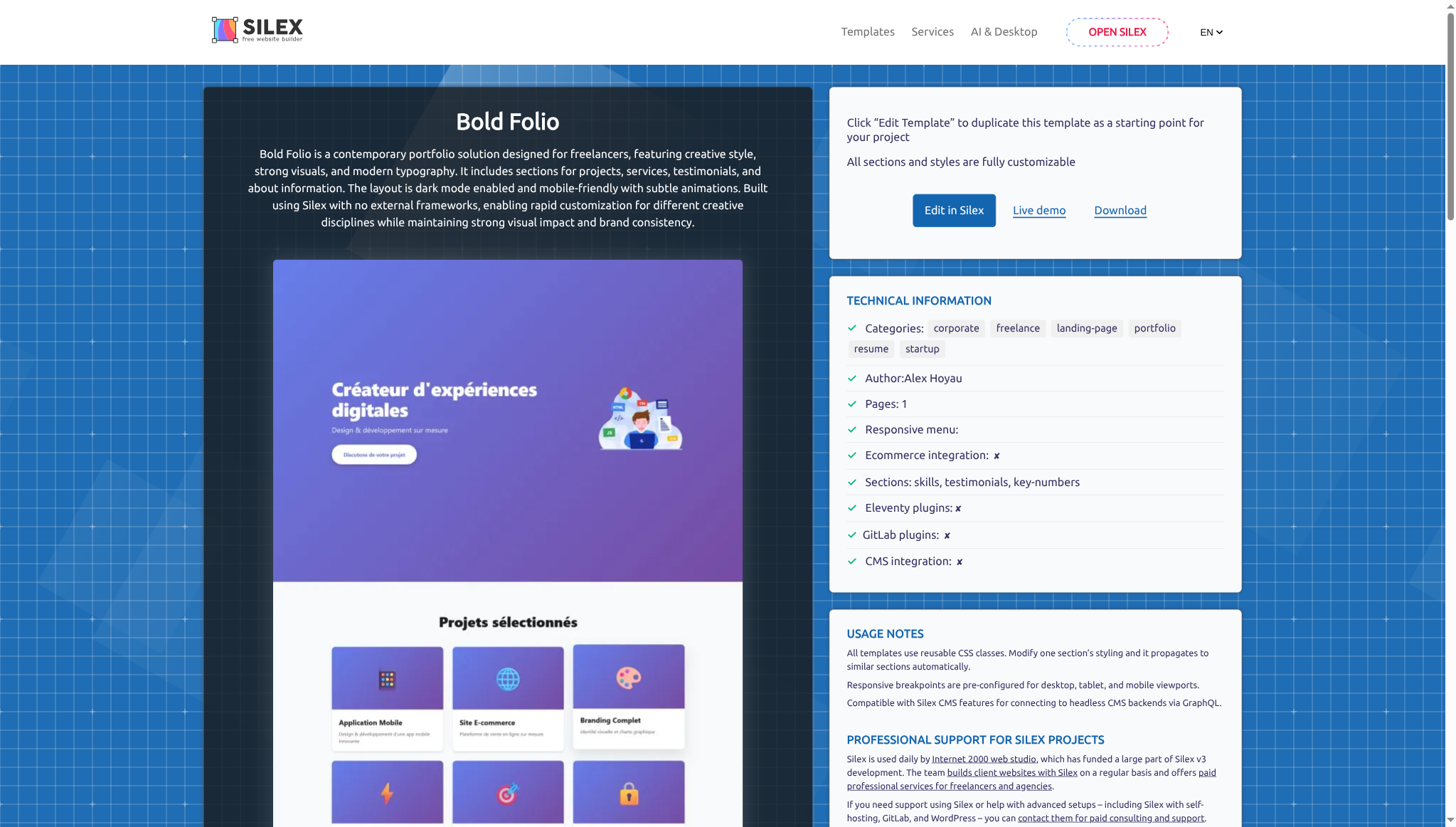 La page de détail d'un template montrant l'aperçu, le bouton Edit in Silex, Live demo, Download et les informations techniques