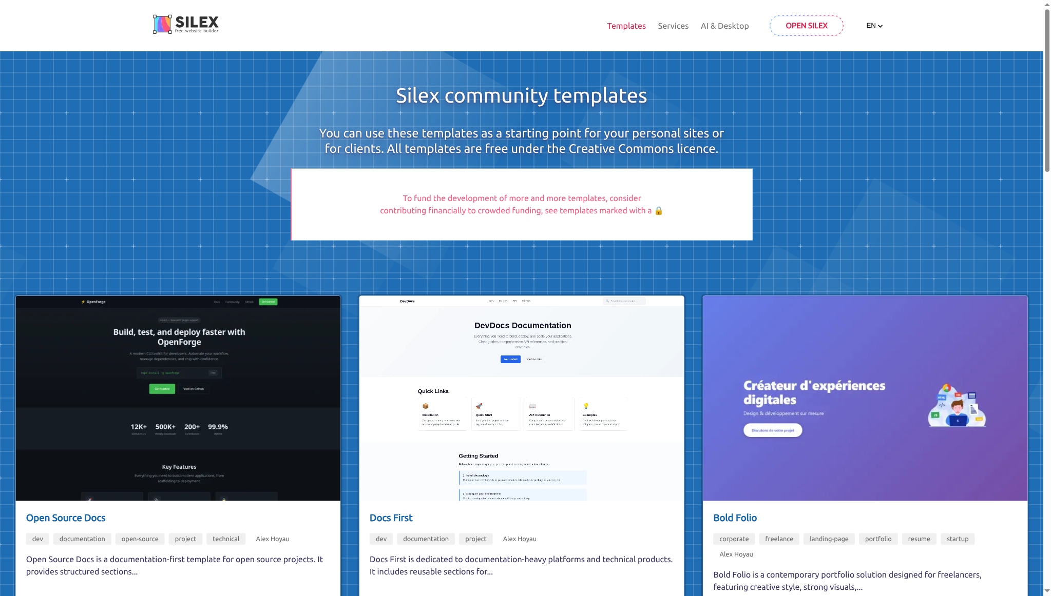 La page des templates communautaires Silex montrant des templates gratuits comme Open Source Docs, Docs First et Bold Folio